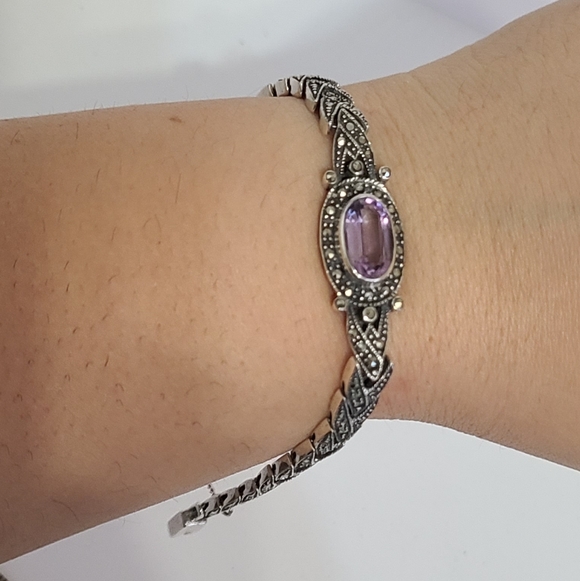 Vintage Art Deco Sterling Silver Purple Amethyst Marcasite Crystal Bracelet - Picture 14 of 15